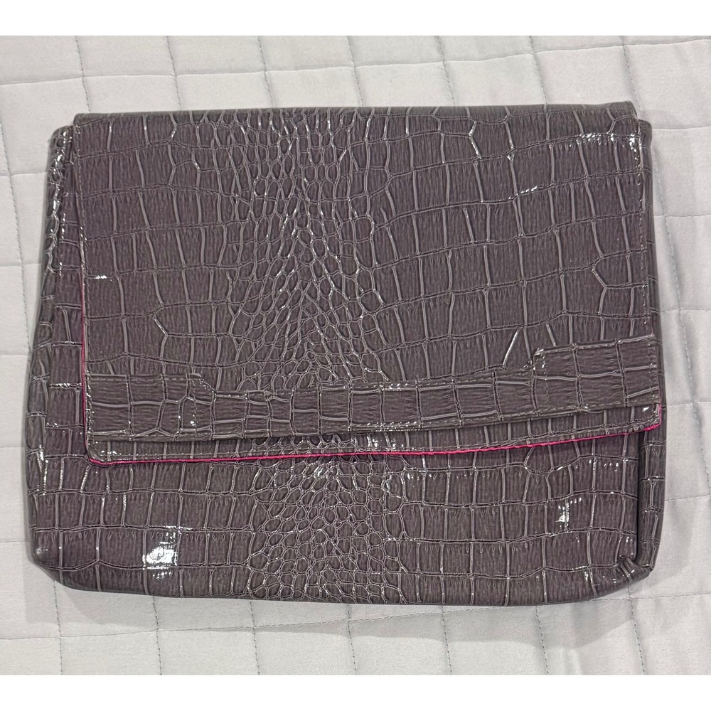 Vince Camuto Purple Grey Croc Embossed Patent Leather Clutch Bag Pink Lining